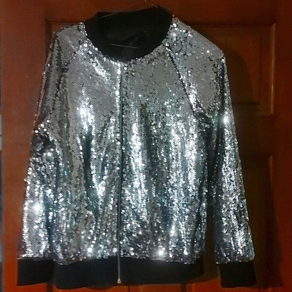 Silver Sequin Bomber Jacket